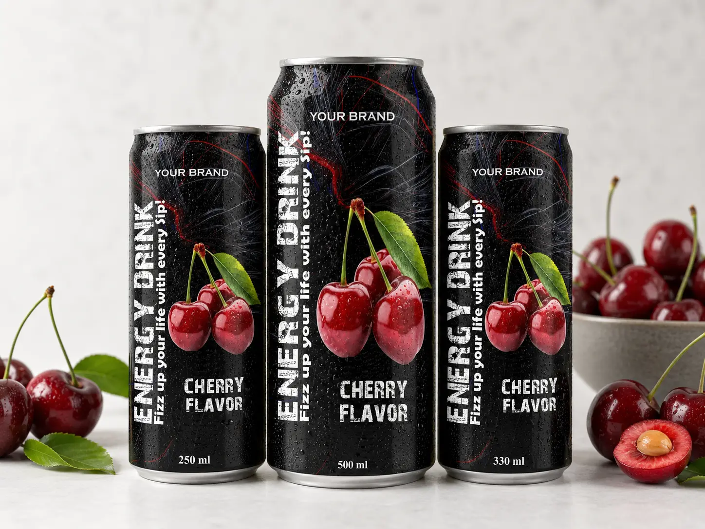 ENERGY DRINK Cherry flavor available in 250ml, 500ml, and 330ml cans.